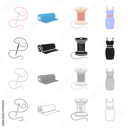 Needle with thread, sewing thread reel, fabric roll, dress. Sewing and equipment set collection icons in cartoon black monochrome outline style vector symbol stock illustration web.