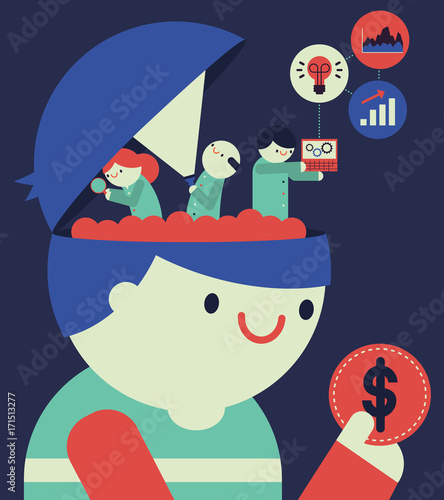 Team of Psychologists inside a Client's Brain do some customer research to understand his needs and requirements