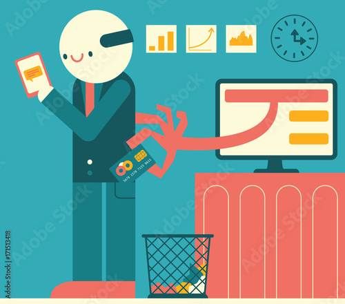 Smiling Business Person is unaware that his Wallet is being Stolen by a Hand coming out of the monitor screen © Team Oktopus