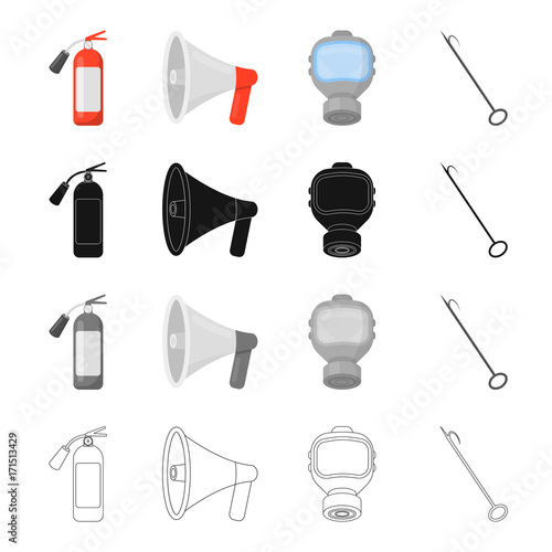 Fire extinguisher, megaphone, protective gas mask,hook. Fire Department set collection icons in cartoon black monochrome outline style vector symbol stock illustration web.