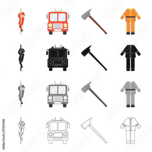 Fireman, machine, fire ax, fireman's protective suit. Fire Department set collection icons in cartoon black monochrome outline style vector symbol stock illustration web.