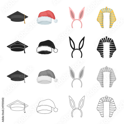 The judge's hat, the scientist, Santa's cap, the hoop with the rabbit's ears, the nemes of the pharaoh. Hats set collection icons in cartoon black monochrome outline style vector symbol stock