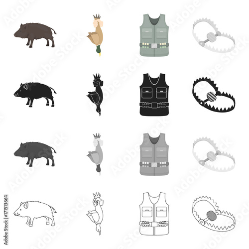 Wild boar, duck game, hunter's vest, trap on the beast. Hunting set collection icons in cartoon black monochrome outline style vector symbol stock illustration web.
