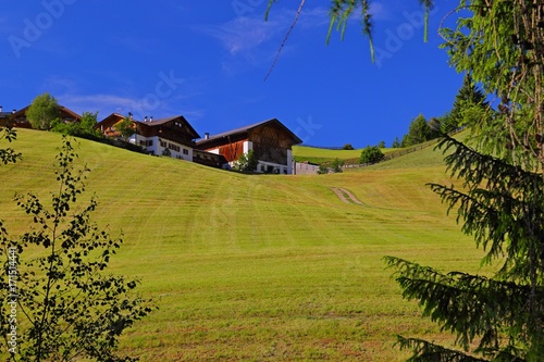 Santa Magdalena village in front of Dolomites Group, Val di Funes, Italy,  photo