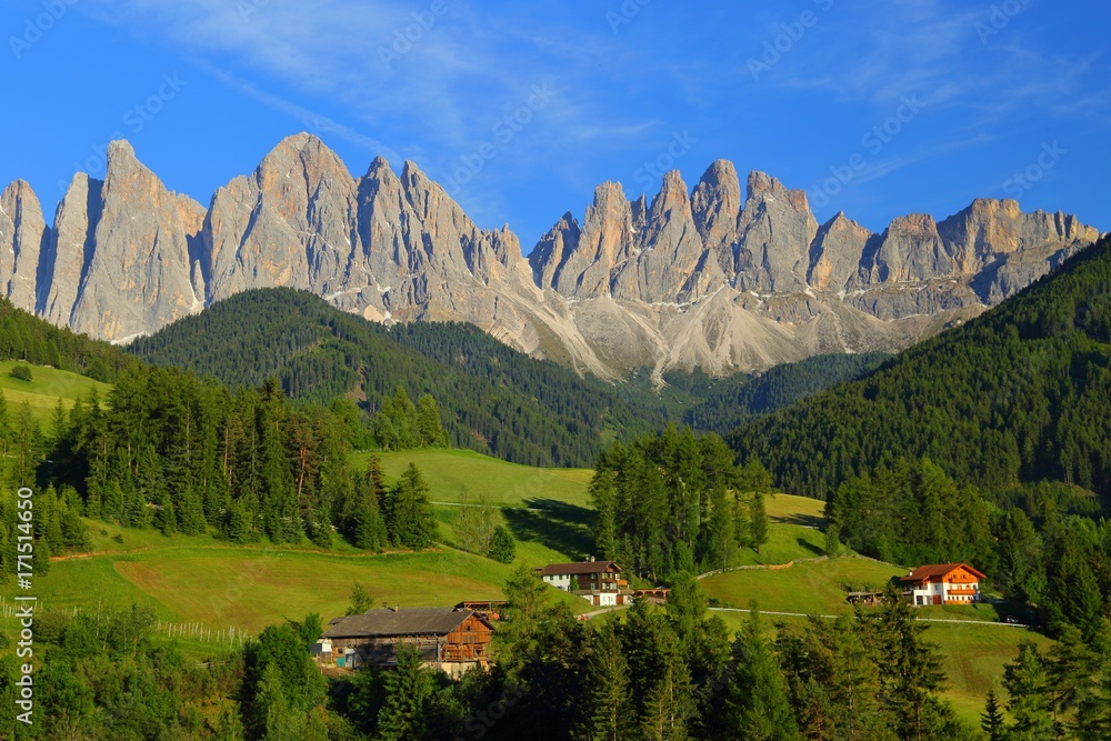 Santa Magdalena village in front of Dolomites Group, Val di Funes, Italy, 