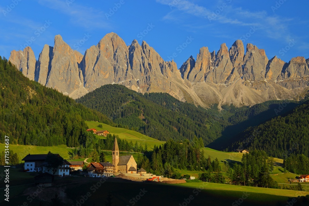 Santa Magdalena village in front of Dolomites Group, Val di Funes, Italy, 