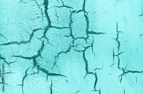 Old Damaged Cracked Paint Wall, Grunge Background, turquoise pastel color