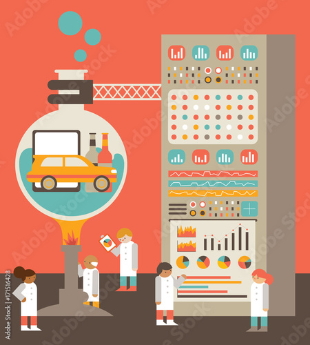 Team of Scientist with a Giant Machine are doing product development to create new things for the market