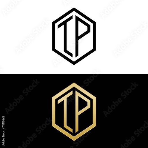 initial letters logo tp black and gold monogram hexagon shape vector