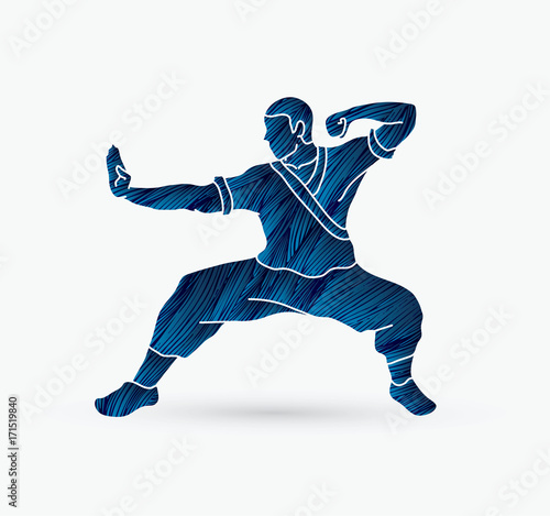 Kung fu action ready to fight designed using grunge brush graphic vector.