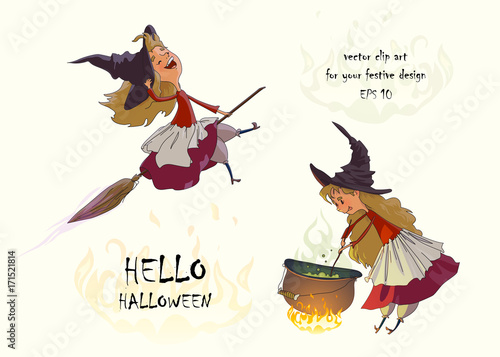 Cute young witch flies on a broomstick and cooks a potion in the cauldron. Set of clipart for Halloween. Vector illustration on white background