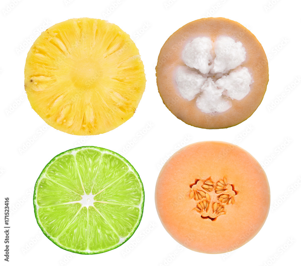 slice half cut of pineapple,santol,lime,honeydew melon isolated on white background slice half cut of pineapple,santol,lime,honeydew melon isolated on white background