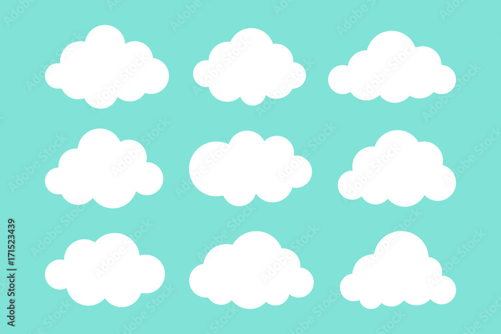 Set of white clouds collection vector icons isolated on blue background