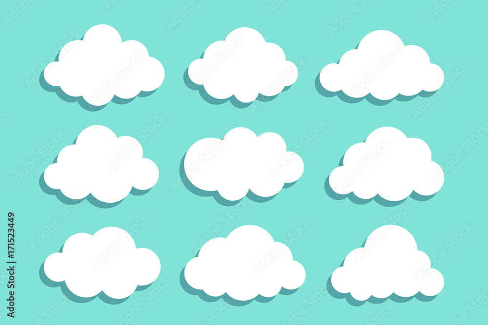 Set of white clouds with shadow collection vector icons isolated on blue background