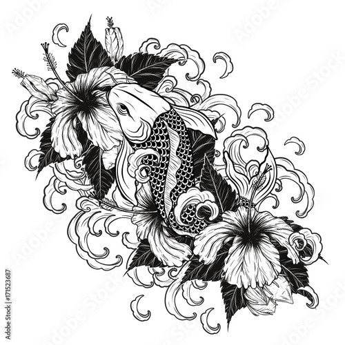 Koi fish and Hibiscus tattoo by hand drawing.Tattoo art highly detailed in line art style.