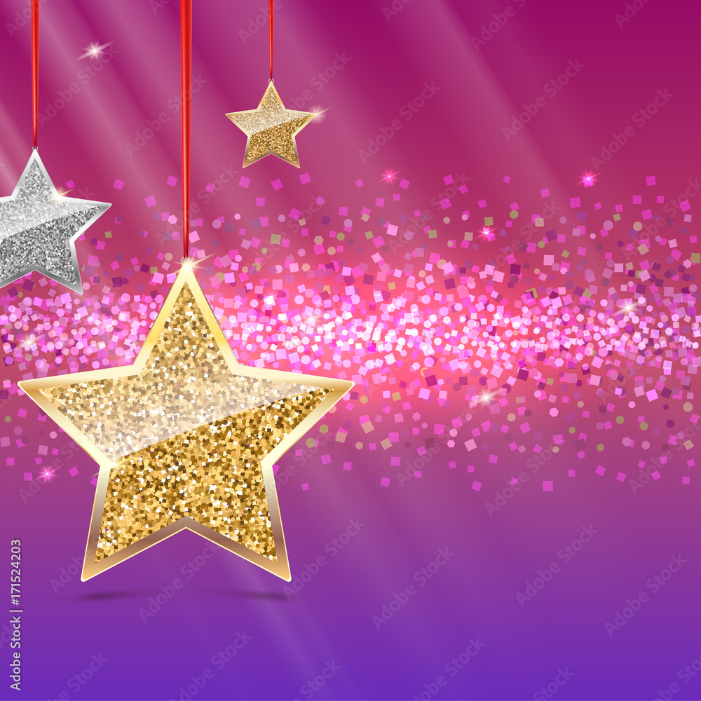 Glitter background with silver and gold hanging stars. Merry Christmas, Happy New Year greeting card on color background. Template for vip banners or card, exclusive certificate, luxury voucher Glitter background with silver and gold hanging stars. Merry Christmas, Happy New Year greeting card on color background. Template for vip banners or card, exclusive certificate, luxury voucher