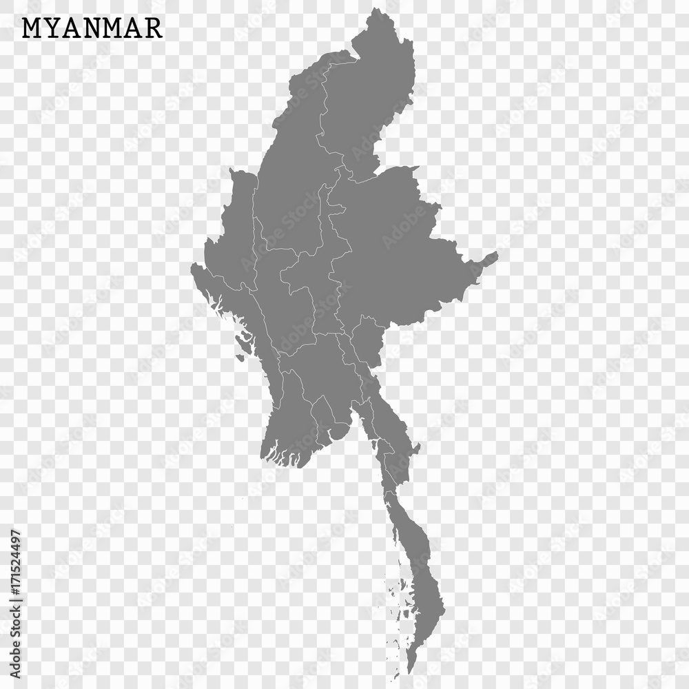 High quality map of Myanmar with borders of the regions