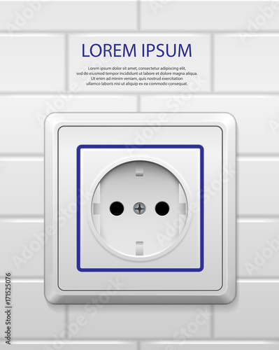 White power socket with shadow isolated. Realistic socket of european standard with blue line on white brick wall. electrical outlet vector illustration