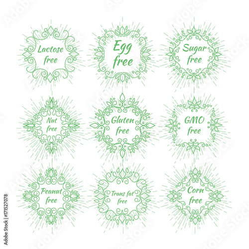 Lactose ,GMO, Gluten, Trans fat, Corn, Peanut,  Nut,  Sugar,  Egg  free. Food dietary labels. Vector illustration.