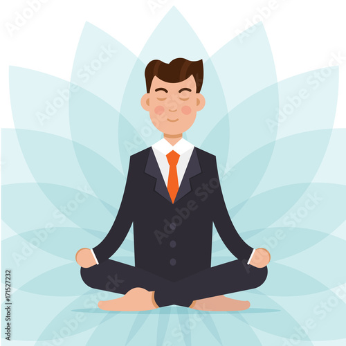 Office worker  meditating, sitting in lotus pose.  Businessman meditation concept. Vector illustration.