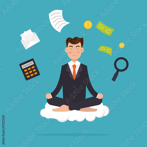 Office worker  meditating, sitting in lotus pose.  Businessman meditation and  multitasking concept. Vector illustration.