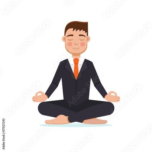 Office worker meditating, sitting in lotus pose. Businessman meditation concept. Vector illustration.