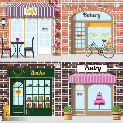Set of different facades bakery, cafe, bookshop and pastry shop.