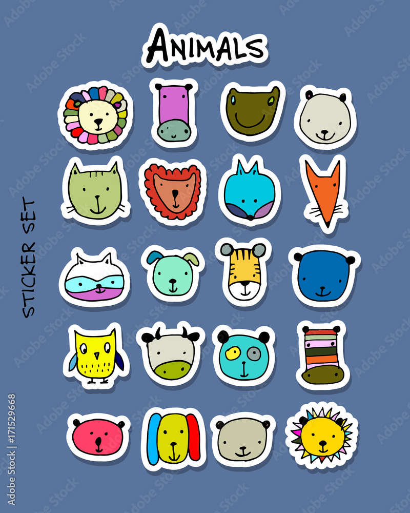 Set of animal faces, sticker set for your design Set of animal faces, sticker set for your design