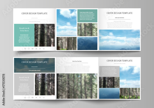Templates for tri fold square design brochures. Leaflet cover, vector layout. Colorful background made of triangular or hexagonal texture, travel business, natural landscape, polygonal style.
