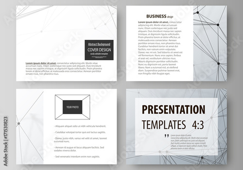 Business templates for presentation slides. Vector layouts in flat design. Genetic and chemical compounds. Atom, DNA and neurons. Medicine, chemistry, technology concept. Geometric background.