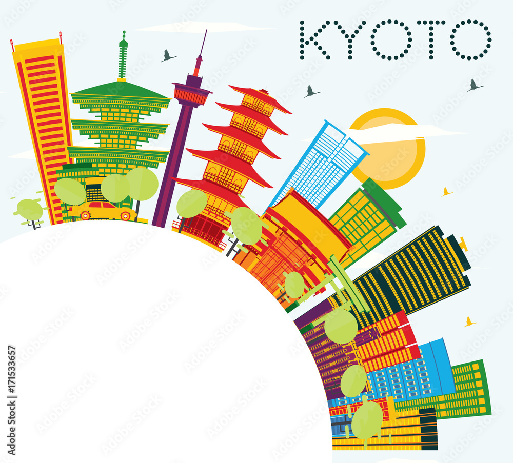 Kyoto Skyline with Color Buildings, Blue Sky and Copy Space.