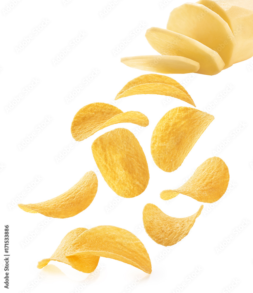 Potato and potato chips isolated on white background. Potato and potato chips isolated on white background.