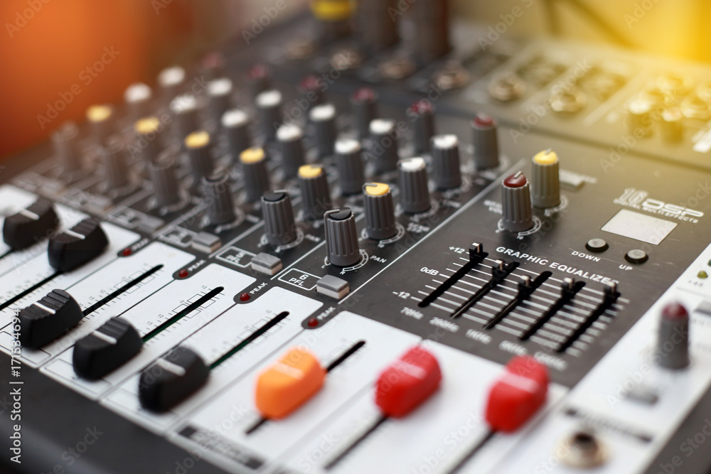 Closeup of an audio sound mixer. Closeup of an audio sound mixer.