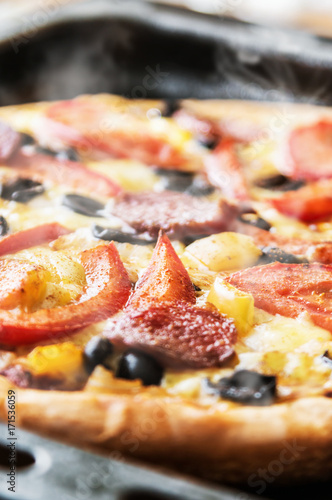 pizza with salami  mushrooms and cheese homemade. shallow depth of field. soft focus