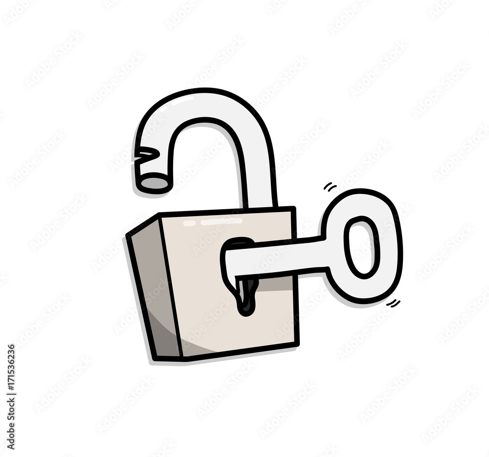 Opening Padlock With a Key, a hand drawn vector cartoon illustration of