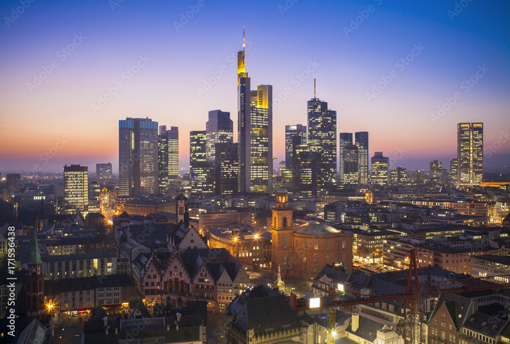 Frankfurt am Main cityscape at night, aerial view