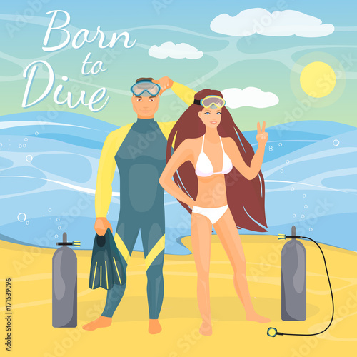 Diving couple vector illustration in flat style