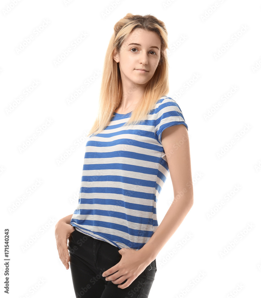 Pretty teenage girl posing on white background Pretty teenage girl posing on white background