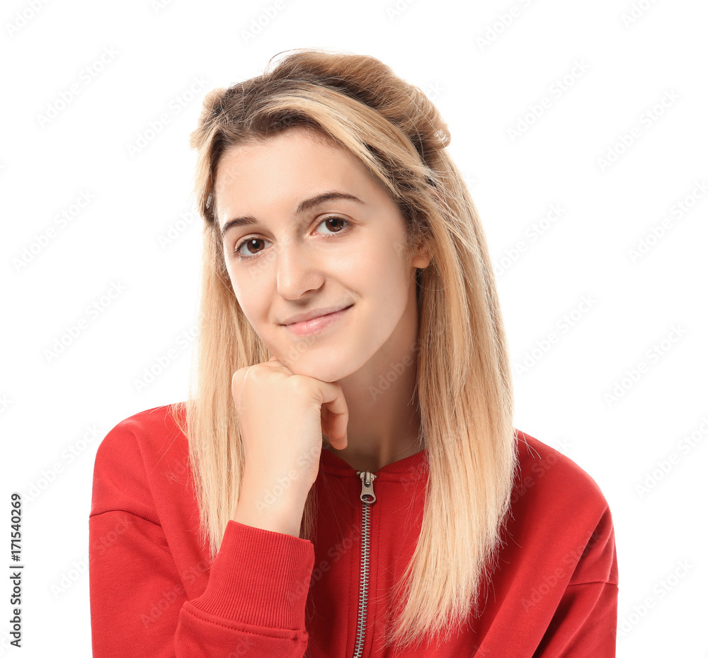 Pretty teenage girl posing on white background Pretty teenage girl posing on white background