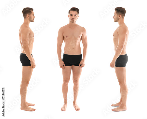 Collage of young sexy man on white background