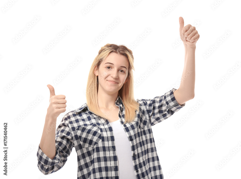 Pretty teenage girl posing on white background Pretty teenage girl posing on white background