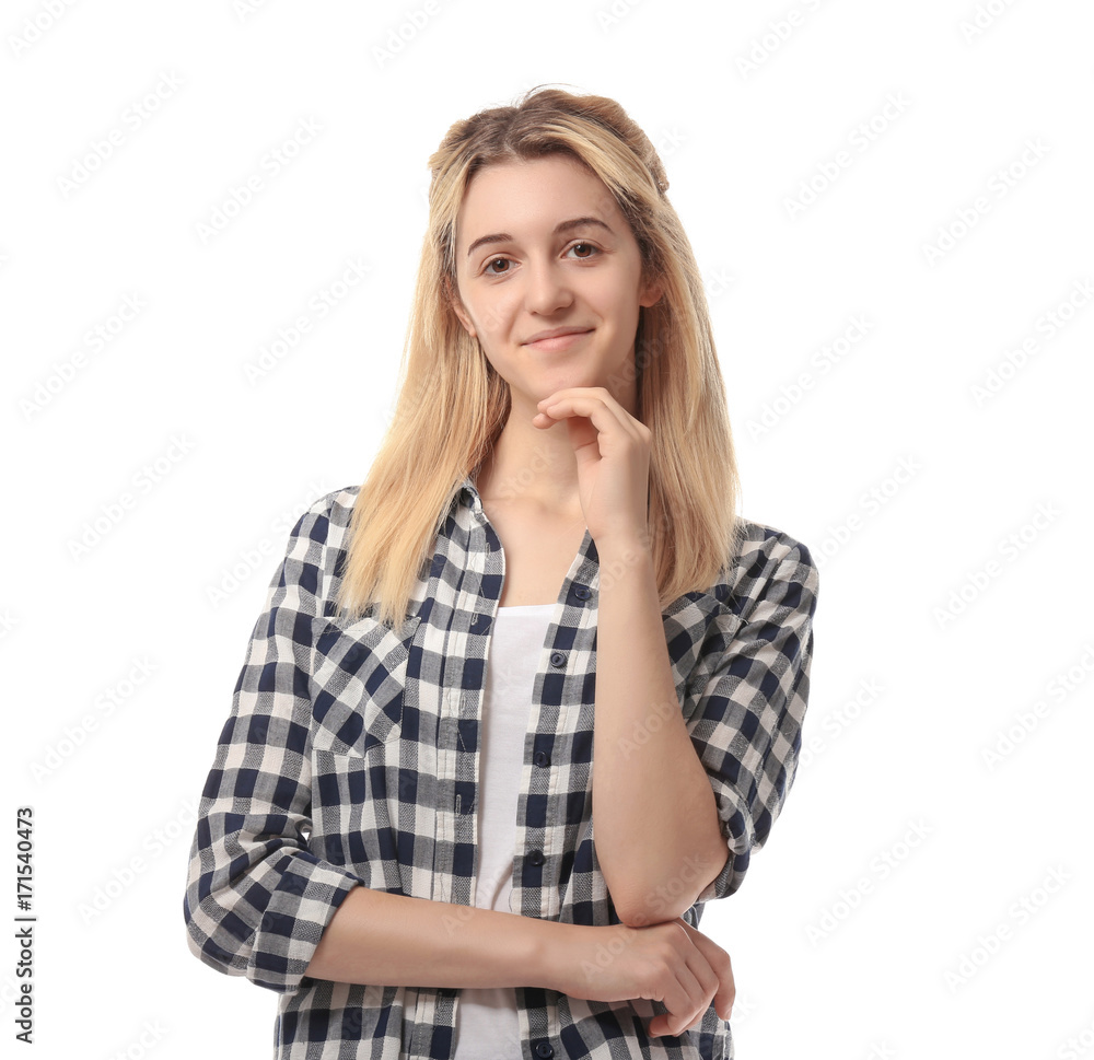 Pretty teenage girl posing on white background Pretty teenage girl posing on white background
