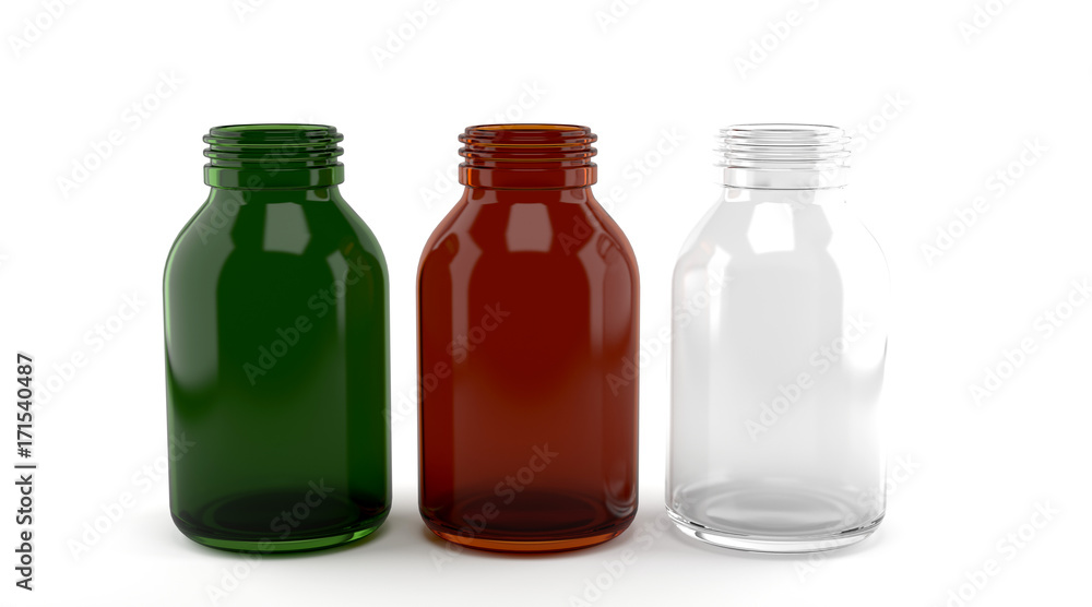 Colored green, red and white glass bottles isolated on white background. Colored green, red and white glass bottles isolated on white background.