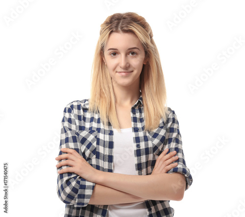 Pretty teenage girl posing on white background