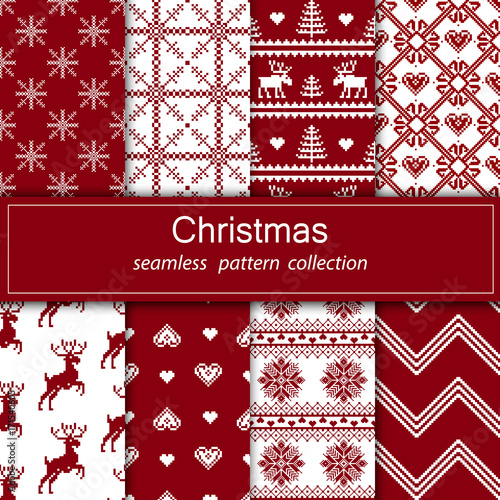 Set of seamless fabric. The occasion. Merry Christmas and happy New year. Pixels. White and red color.