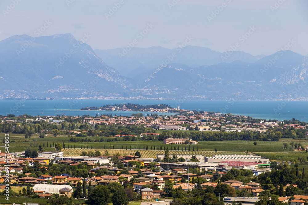 Views of Sirmione and Lake Garda from the top of the tower in San Martino della Battaglia. Desenzano del Garda, Lombardy, Italy