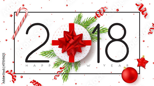 Happy New Year background. Top view on gift box with red bow on white backdrop. Vector illustration with confetti, serpentine and fir branches. Christmas greeting card with toys.