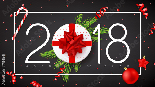 Happy New Year festive background. Top view on gift box with red bow on black backdrop. Vector illustration with confetti, serpentine and fir branches. Christmas greeting card with toys.