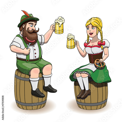 Cartoon Bavarian man and woman with beer, sausage and pretzel. Oktoberfest illustration, eps 10 on white background