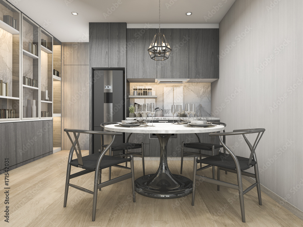 3d rendering white modern and luxury design kitchen with dining table and shelf 3d rendering white modern and luxury design kitchen with dining table and shelf